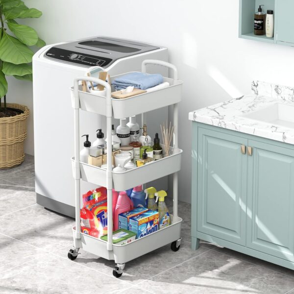 Sywhitta 3-Tier Plastic Rolling Utility Cart with Handle, Multi-Functional Storage Trolley for Office, Living Room, Kitchen, Movable Storage Organizer with Wheels, White - Image 5