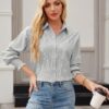 Womens Striped Button Down Shirts Smocked Long Puff Sleeve Oversized Boyfriend Blouses Loose Pocket Office Work Tops - Image 4