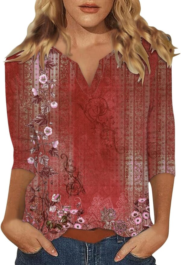 ADJHDFH 3/4 Sleeve Tunic Tops for Women V Neck Loose Casual Tshirts Color Block Spring/Summer Tees 2025