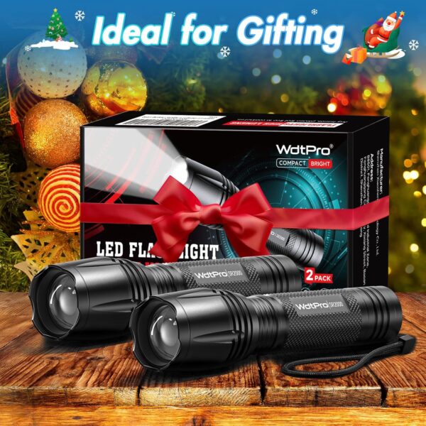 WdtPro LED Flashlight High Lumens SR2000 Pro, 2 Pack Brighter Tactical Flashlights with 5 Modes & Zoomable, Powerful Mini Flash Light for Emergency, Camping, Hiking (Black) - Image 7