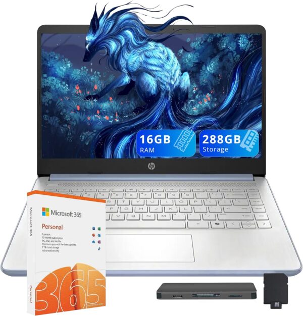 HP 14" HD Anti-Glare Laptop, Intel Processor N150, 16GB RAM, 288GB Storage(128GB SSD+160GB Docking Station Set), Intel Graphics, 1 Year Office 365, Fast Charge, Wi-Fi 6, Win 11 S, Blue