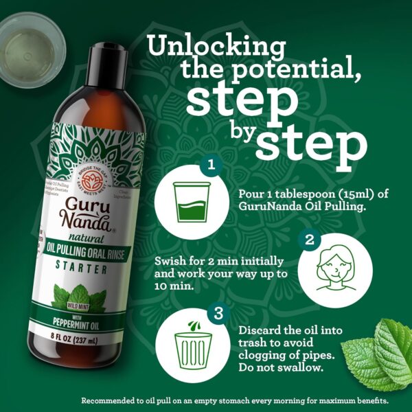 GuruNanda Starter Pulling Oil Mouthwash for Natural Teeth Whitening, Coconut and Peppermint Oil for Fresh Breath & Happy Gums, Alcohol-Free, 8 Oz - Image 6