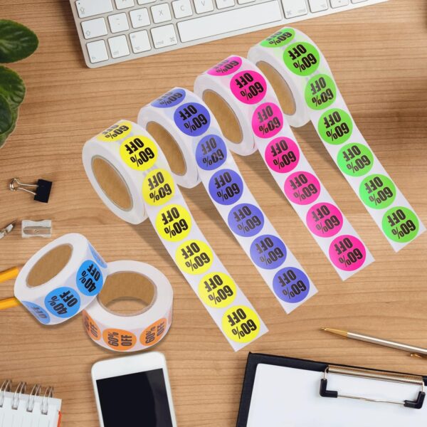 3000 PCS Percent Off Stickers,Discount Stickers 10 to 60 Percent Off Clearance Sticker,Circle Pricemarker Label,Multicolored Percent Off Adhesive Labels for Retail Store Clearance,1Inch 6 Rolls - Image 5