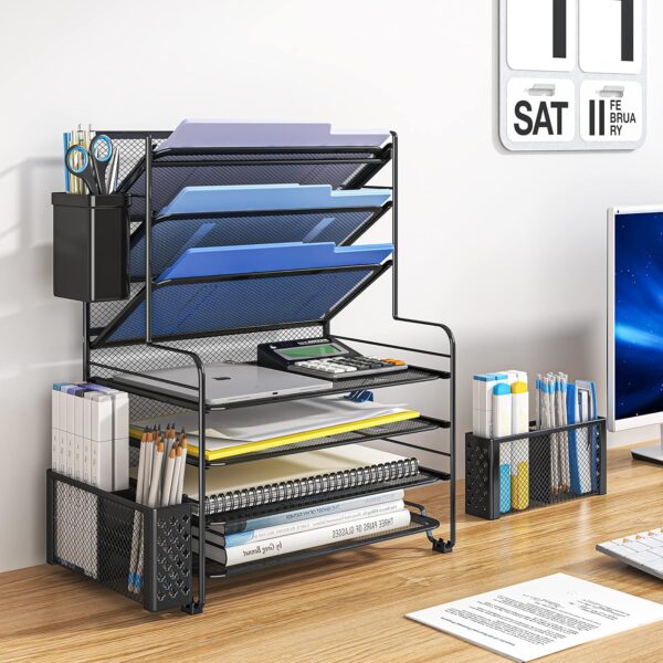 Simple Trending 7 Tier Desk File Organizer, Letter Tray Paper Organizer with Pen Holder and Metal Hanging Basket, Black - Image 2