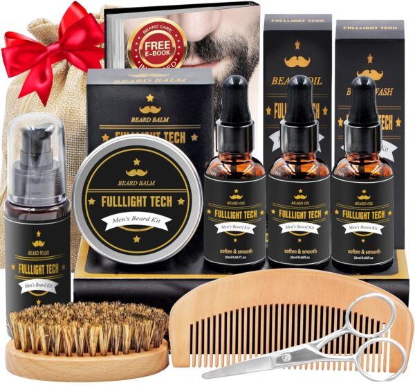 Beard Kit for Men Grooming & Care W/3 Pack Beard Oil,Wash,Balm,Comb,Brush,Scissor,Fathers Birthday Anniversary Valentines Gifts for Him Boyfriend Husband Dad Christmas Stocking Stuffers