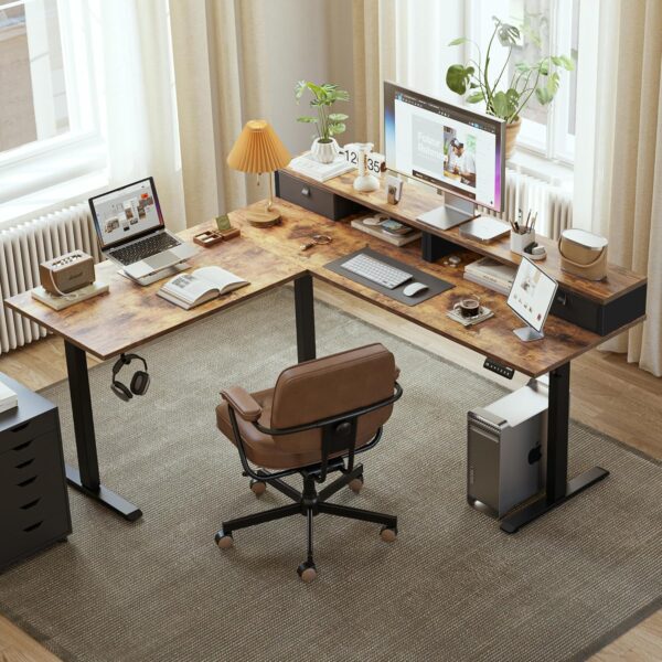 Agilestic L Shaped Electric Standing Desk with 2 Drawers, 63 Inch Ergonomic Adjustable Height Desk with Storage, Corner Desk Sit Stand up Computer Table for Work Office Home, Rustic Brown - Image 2