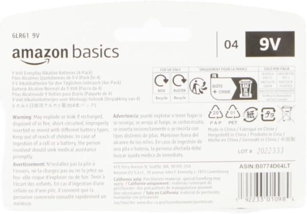 Amazon Basics 4-Pack 9V Alkaline Batteries, 5-Year Shelf Life - for Smoke/CO Detector, Electronics & Audio - Image 7