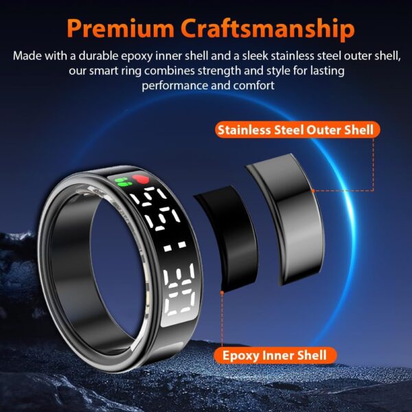 Smart Ring Health Tracker with LED Display Screen, IP68 Waterproof Fitness Tracker, Bluetooth Connection Health Ring Compatible with iOS/Android, Activity Tracker/Heart Rate/Blood Oxygen/Sleep/Step - Image 9
