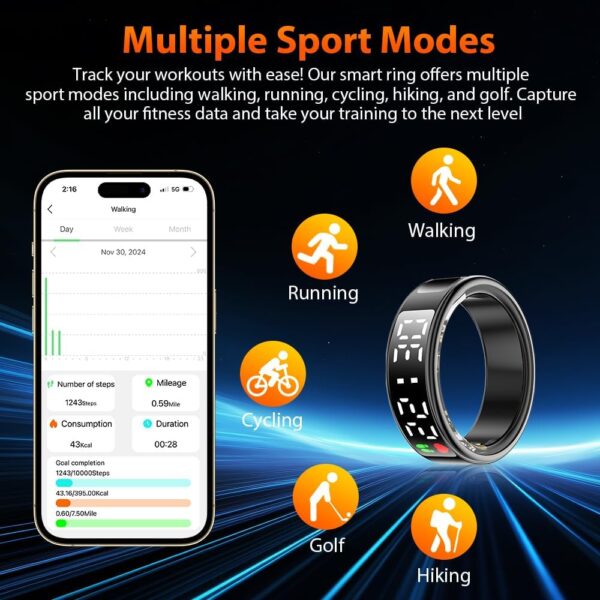 Smart Ring Health Tracker with LED Display Screen, IP68 Waterproof Fitness Tracker, Bluetooth Connection Health Ring Compatible with iOS/Android, Activity Tracker/Heart Rate/Blood Oxygen/Sleep/Step - Image 4