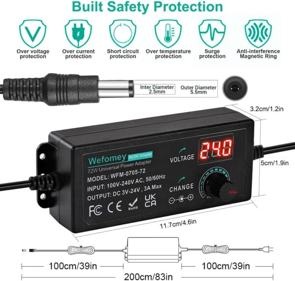 Universal Power Supply 3V~24V 3A 72W Adjustable Variable 3V 5V 9V 12V 18V 20V 24V AC/DC Adapter Charger, 100V-240V AC to DC Converter with 14 Tips, Polarity Converter and 4-Way Power Splitter Cable - Image 3