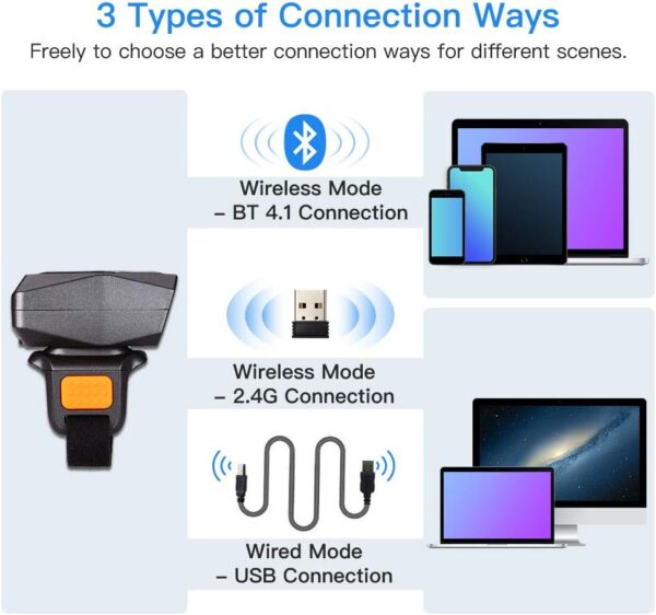 Eyoyo 1D Bluetooth Wearable Ring Barcode Scanner, Portable Mini Finger Bar Code Reader with 2.4GHz Wireless & USB Wired Connection for iPhone iPad Android iOS, for Book, Warehouse Inventory, Express - Image 6