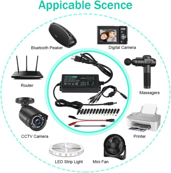 Universal Power Supply 3V~24V 3A 72W Adjustable Variable 3V 5V 9V 12V 18V 20V 24V AC/DC Adapter Charger, 100V-240V AC to DC Converter with 14 Tips, Polarity Converter and 4-Way Power Splitter Cable - Image 7