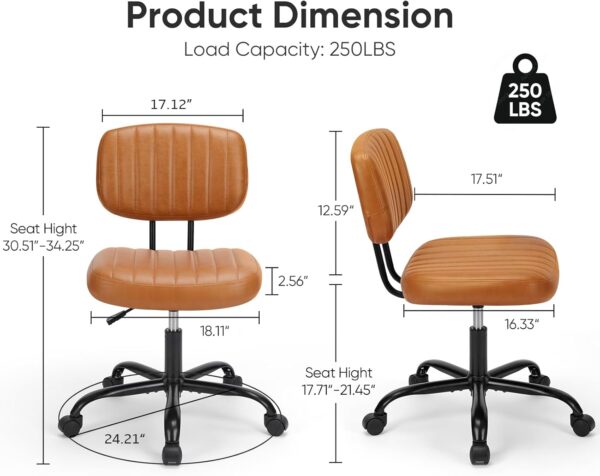 Armless Home Office Desk Chair -Small Ergonomic with Low Back Lumbar Support, Height Adjustable PU Leather Computer Task with 360° Swivel Rolling Wheels, for Small Space, Brown - Image 2