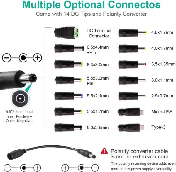 Universal Power Supply 3V~24V 3A 72W Adjustable Variable 3V 5V 9V 12V 18V 20V 24V AC/DC Adapter Charger, 100V-240V AC to DC Converter with 14 Tips, Polarity Converter and 4-Way Power Splitter Cable - Image 5