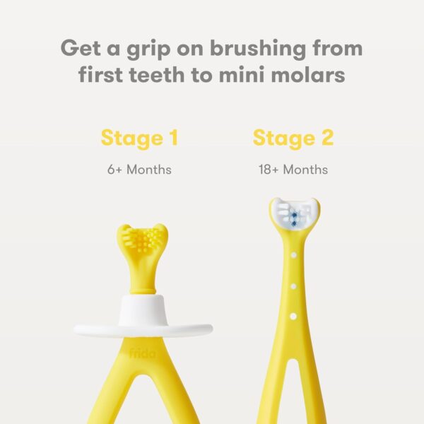 Frida Baby Grow-with-Me Baby Toothbrush Training Set | Infant to Toddler Toothbrush 0-12 months, Cleans All Sides at Once, Oral Care for Sensitive Gums | Yellow - Image 2