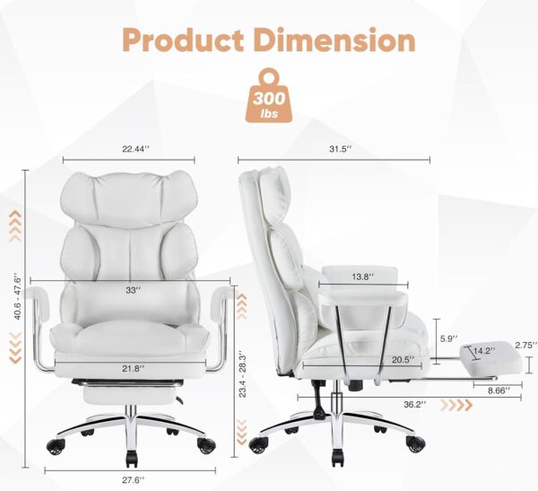 Heavy Duty Executive Office Chair with Retractable Footrest, Big and Tall Computer Chair Ergonomic High Back Reclining Desk Chair with Wide Thick Seat and Lumbar Support, White - Image 3