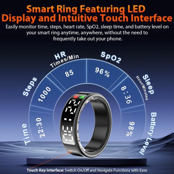 Smart Ring Health Tracker with LED Display Screen, IP68 Waterproof Fitness Tracker, Bluetooth Connection Health Ring Compatible with iOS/Android, Activity Tracker/Heart Rate/Blood Oxygen/Sleep/Step - Image 2