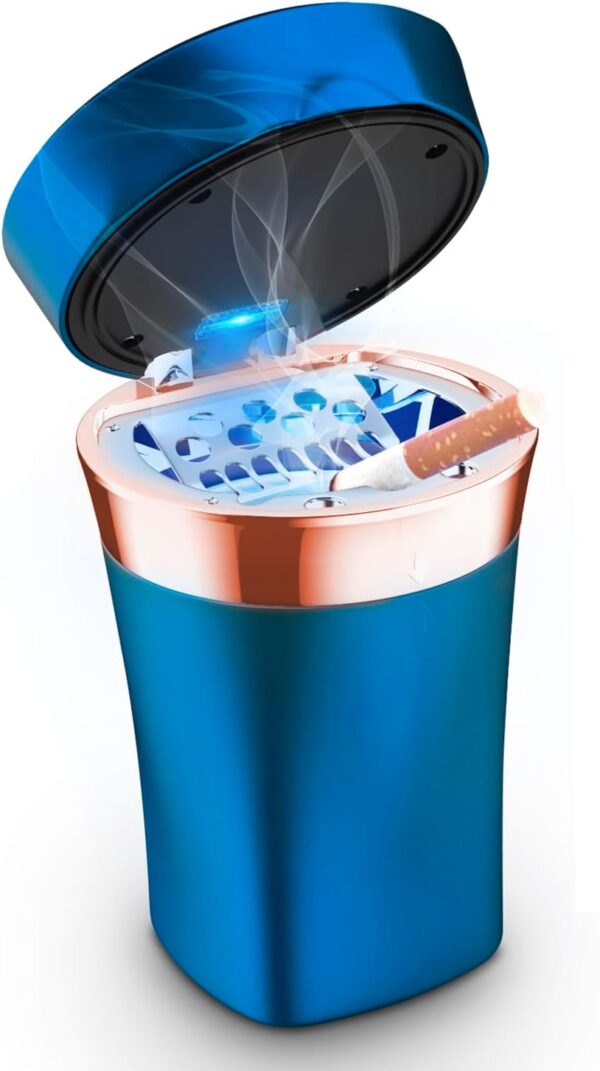 Car Ashtray, Auto Ashtray Cigar Electronic Cigarette Lighter Detachable Solar Powered/USB Rechargeable with Lid Blue LED Light for Most Car Cup Holder Home Office (Blue)