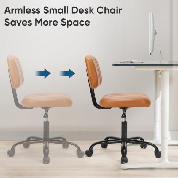 Armless Home Office Desk Chair -Small Ergonomic with Low Back Lumbar Support, Height Adjustable PU Leather Computer Task with 360° Swivel Rolling Wheels, for Small Space, Brown - Image 6