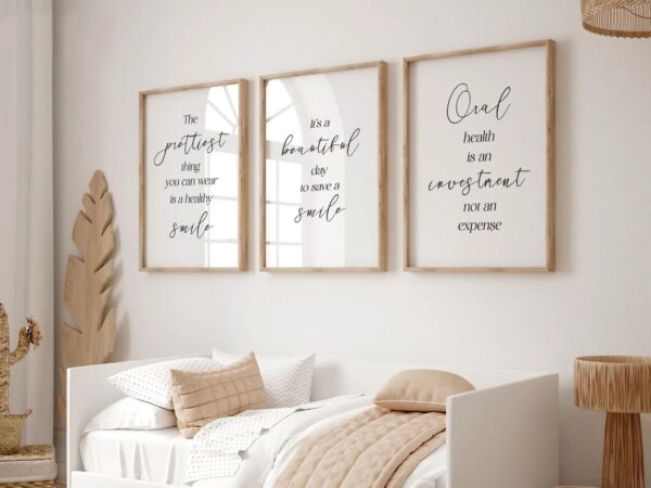 NATVVA 3 Pieces Wall Art Prints The Prettiest Thing You Can Wear Is A Healthy Smile Poster Pictures Dental Quote Canvas Wall Painting for Home Dentist Office Decoration with Inner Frame