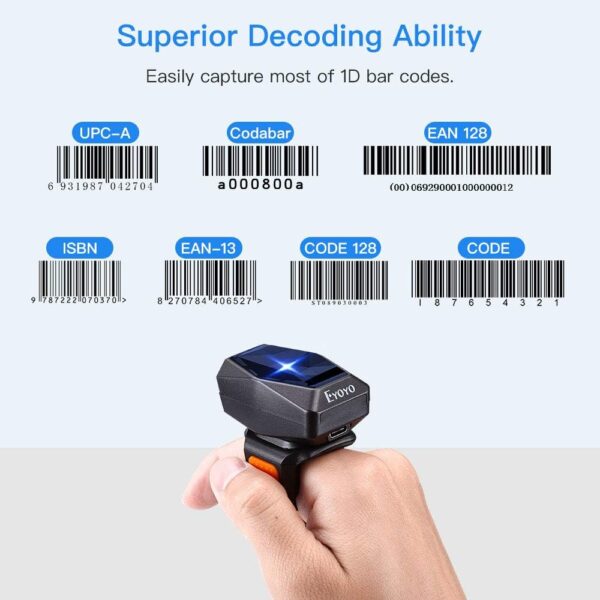 Eyoyo 1D Bluetooth Wearable Ring Barcode Scanner, Portable Mini Finger Bar Code Reader with 2.4GHz Wireless & USB Wired Connection for iPhone iPad Android iOS, for Book, Warehouse Inventory, Express - Image 3