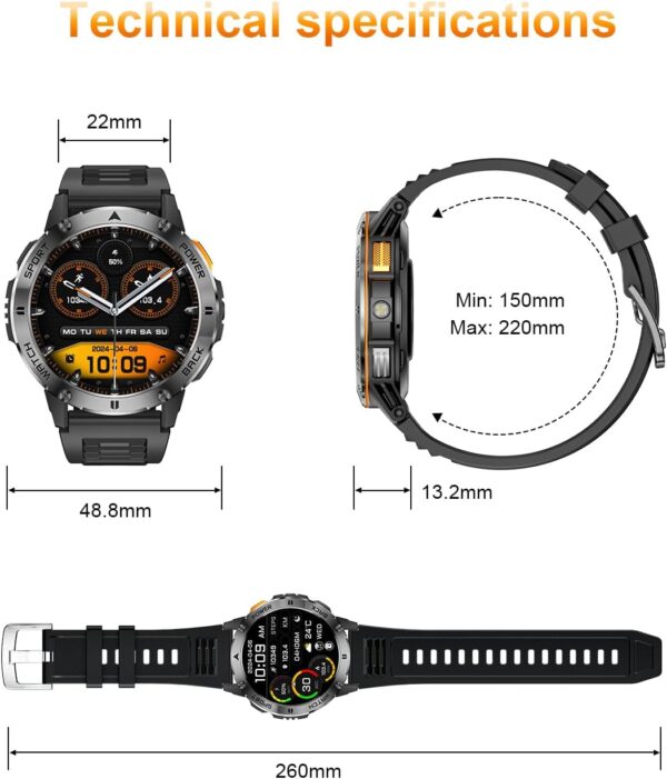 FILIEKEU Man Smartwatch Bluetooth Calls Heart Rate Sleep Monitor Steps Mens Smart Watch IP67 Waterproof Fitness Tracker Military Black Leather Strap Flashlight Smart Watches for Android iOS - Image 9