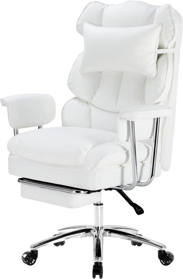 Heavy Duty Executive Office Chair with Retractable Footrest, Big and Tall Computer Chair Ergonomic High Back Reclining Desk Chair with Wide Thick Seat and Lumbar Support, White
