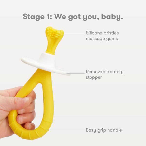 Frida Baby Grow-with-Me Baby Toothbrush Training Set | Infant to Toddler Toothbrush 0-12 months, Cleans All Sides at Once, Oral Care for Sensitive Gums | Yellow - Image 4
