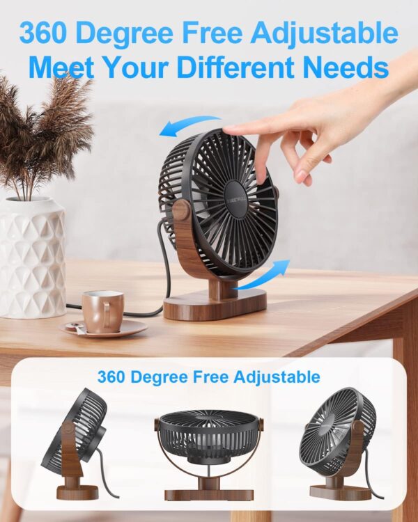 SWEETFULL 6.5 Inch USB Small Desk Fan, 3 Speeds Quiet Portable Desktop Table Fan, 360° Adjustment Personal Mini Fan for Home Office Car Outdoor Travel (Black wood grain) - Image 5