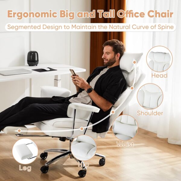 Heavy Duty Executive Office Chair with Retractable Footrest, Big and Tall Computer Chair Ergonomic High Back Reclining Desk Chair with Wide Thick Seat and Lumbar Support, White - Image 4