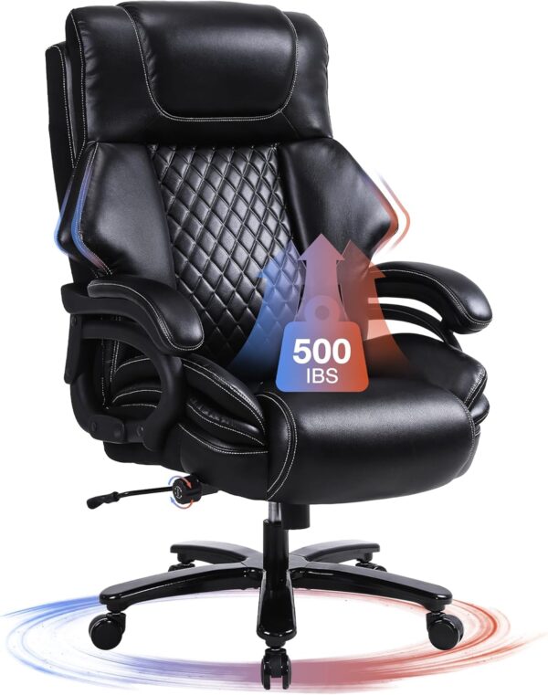 Big and Tall Office Chair 500lbs for Heavy People with Adjustment Lumbar Support Heavy Duty Leather Executive Office Chair with Quiet Rubber Wheels