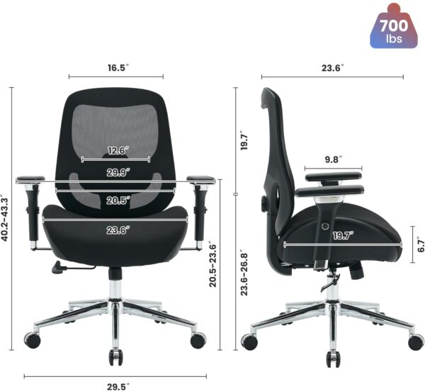 700lbs Big and Tall Office Chair with Wide Thick Seat Cushion for Sitting All Day,Ergonomic Mesh Desk Chair with Adjustable Lumbar Support for Heavy People,4D Armrests - Image 2