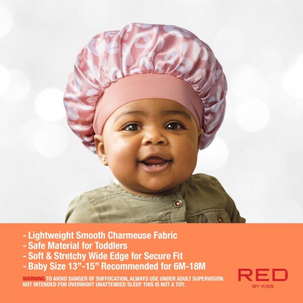 Red by Kiss Baby Satin Bonnet Sleep Cap for Infants,Soft, Stretchy, and Safe, Protects Baby Hair from Frizz & Breakage, Friction Bald Spots (Pink Leopard, 6-18M) - Image 5