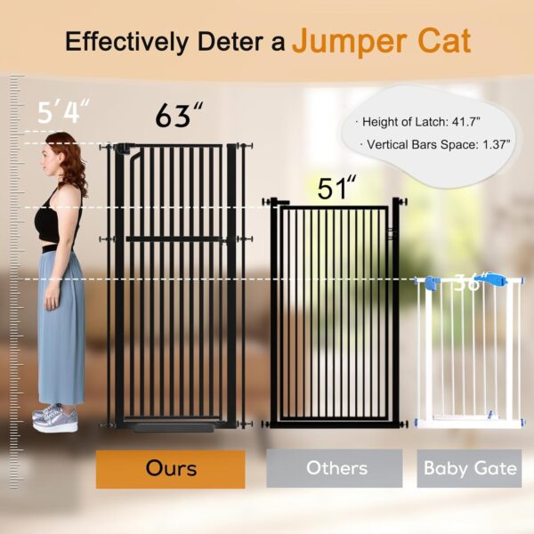 Senneny 63' Extra Tall Cat Gate Auto Close & One-Hand Open, Includes Extension Kit, No Drilling Pressure Mounted & Wall Mounted Kits, Metal Pet Gate Fits Openings 37.4' to 41.3' Wide, Black - Image 4