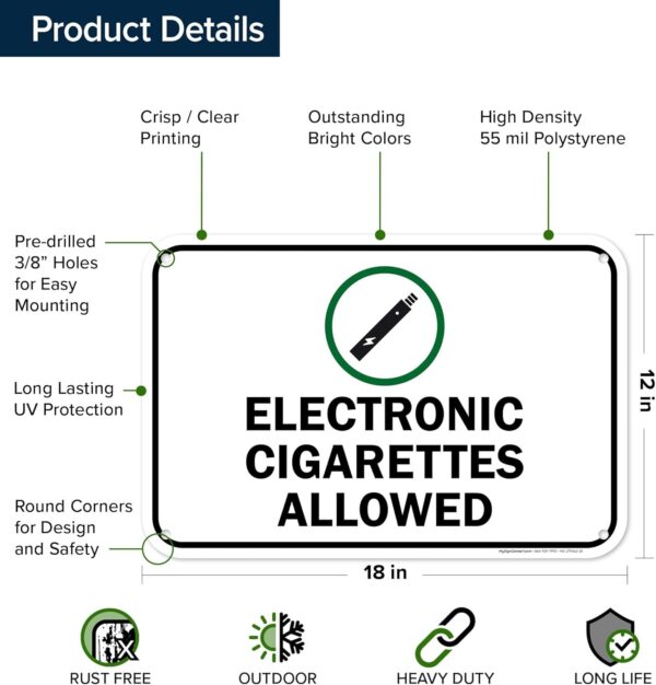 Electronic Cigarettes Allowed With Sign, 12x18 Inches, 55 mil thick HDPS (high density polystyrene), Made in USA by My Sign Center - Image 6