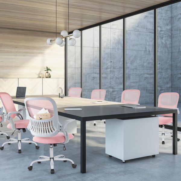 Sweetcrispy Office Computer Desk Chair, Ergonomic Mid-Back Mesh Rolling Work Swivel Task Chairs with Wheels, Comfortable Lumbar Support, Comfy Flip-up Arms for Home, Bedroom, Study, Student, Pink - Image 7