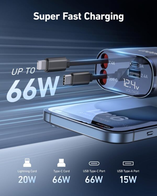 iPhone Car Charger, Retractable Fast Car Phone Charger 100W for CarPlay, 4 in 1 Car Charger Adapter with 2 Cables 31.5 Inch and 2 USB Ports, Compatible with iPhone 16/15/14/13/12/11 Pro/Samsung - Image 3