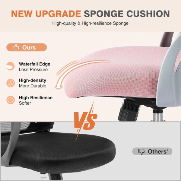 Sweetcrispy Office Computer Desk Chair, Ergonomic Mid-Back Mesh Rolling Work Swivel Task Chairs with Wheels, Comfortable Lumbar Support, Comfy Flip-up Arms for Home, Bedroom, Study, Student, Pink - Image 4