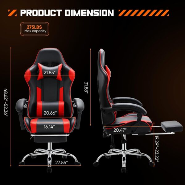 Sweetcrispy Video Game Desk Chair - Ergonomic Computer with Footrest and Comfy Lumbar Support, PU Leather Recliner with Headrest, Fixed Up Armrest, Height Adjustable with 360° Swivel, for Adults, Red - Image 3