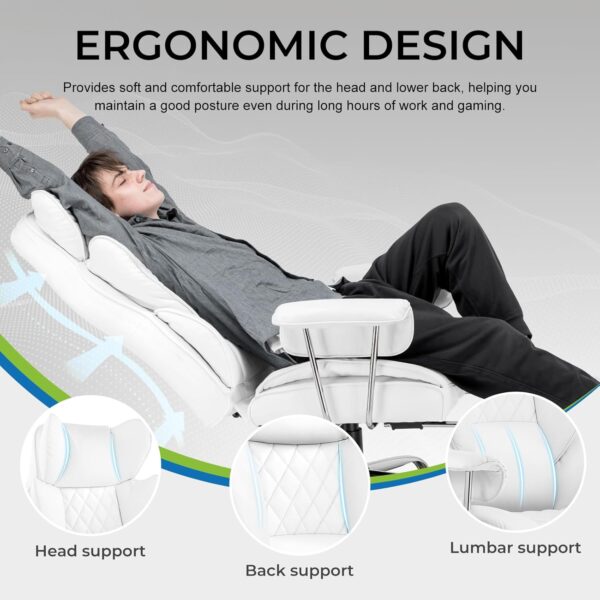 GTRACING Gaming Chair,Office Chair with Pocket Spring Lumbar Support, Ergonomic Comfortable Wide Office Desk Computer Chair with Outward Fixed Soft Armrests and Footrest,(PU Leather, White) - Image 3