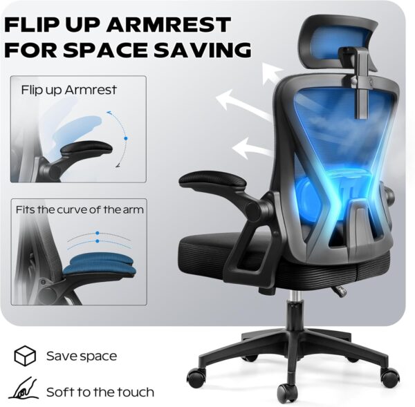Ergonomic Office Chair, Home Office Desk Chair with Headrest, High Back Mesh Chair with Flip-up Armrests, Comfy Desk Chair with Lumbar Support, Rolling Swivel Task Computer Chair for Home Office - Image 2