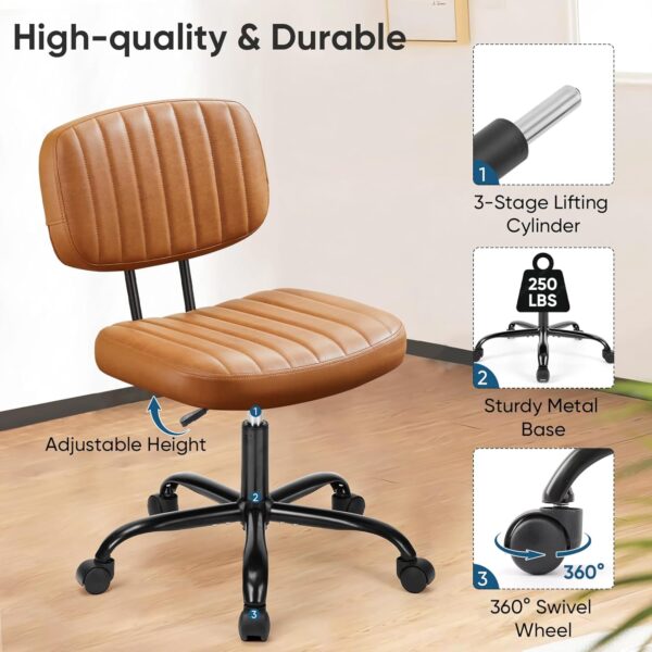 Armless Home Office Desk Chair -Small Ergonomic with Low Back Lumbar Support, Height Adjustable PU Leather Computer Task with 360° Swivel Rolling Wheels, for Small Space, Brown - Image 5