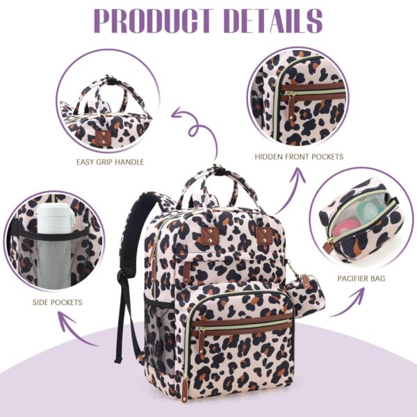 Tuwubi Diaper Bag Backpack, Baby Essentials Travel Tote Bag, Multi function Waterproof Backpacks, Travel Essentials with Stroller Straps & Pacifier Case - Leopard Print - Image 4
