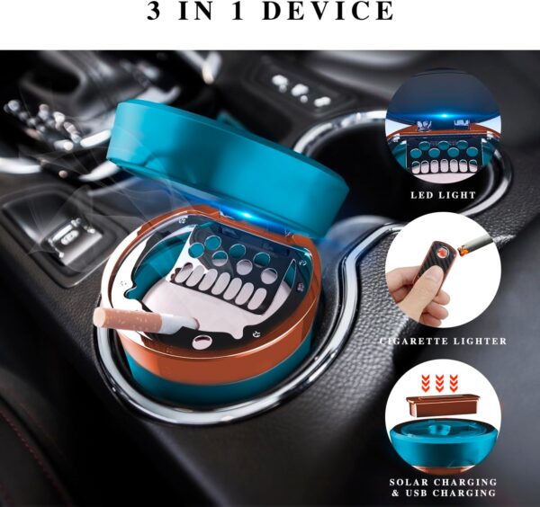 Car Ashtray, Auto Ashtray Cigar Electronic Cigarette Lighter Detachable Solar Powered/USB Rechargeable with Lid Blue LED Light for Most Car Cup Holder Home Office (Blue) - Image 5