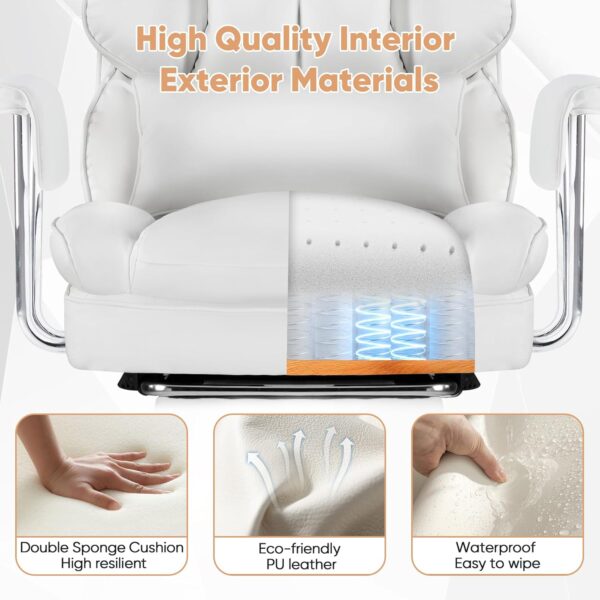 Heavy Duty Executive Office Chair with Retractable Footrest, Big and Tall Computer Chair Ergonomic High Back Reclining Desk Chair with Wide Thick Seat and Lumbar Support, White - Image 7