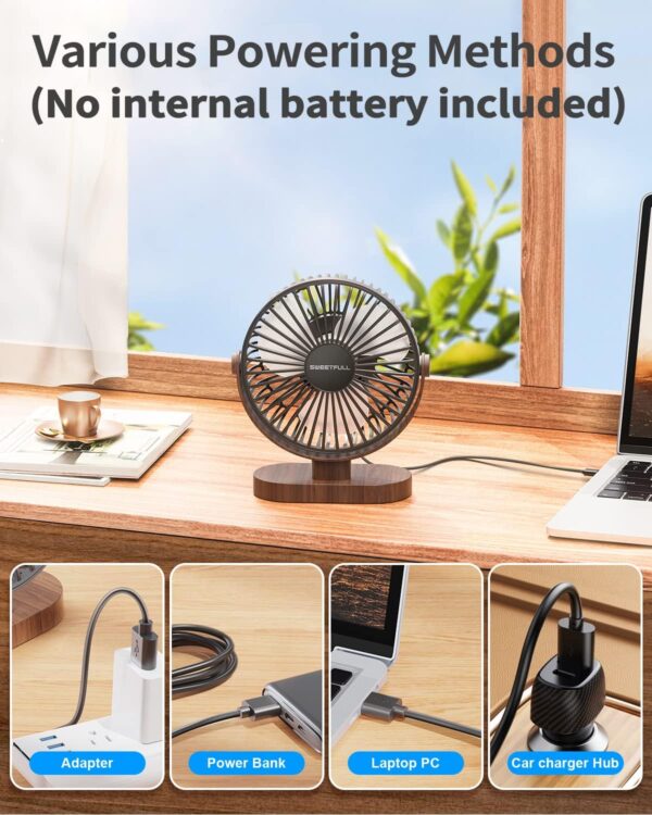 SWEETFULL 6.5 Inch USB Small Desk Fan, 3 Speeds Quiet Portable Desktop Table Fan, 360° Adjustment Personal Mini Fan for Home Office Car Outdoor Travel (Black wood grain) - Image 6