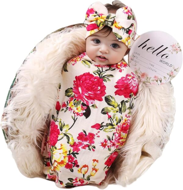 Galabloomer Newborn Receiving Blanket Headband Set Flower Print Baby Swaddle Blankets (ivory flower)
