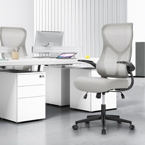 Ergonomic Office Chair, High Back Comfy Desk Chair with Wheels,Swivel Rolling Flip-up Arms Mesh Gaming Chairs for Home,Grey - Image 5