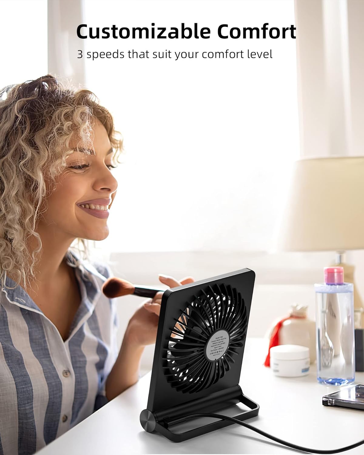 Koonie USB Fan, Strong Wind Ultra Quiet Small Desk Fan 220° Tilt Folding 3 Speeds Adjustable USB-C Corded Powered Personal Fan for Home Office Desktop Black - Image 6