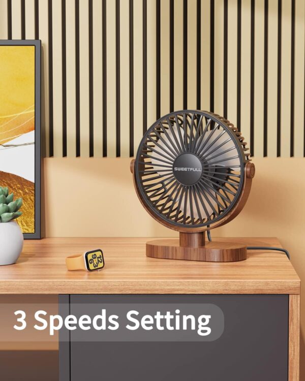 SWEETFULL 6.5 Inch USB Small Desk Fan, 3 Speeds Quiet Portable Desktop Table Fan, 360° Adjustment Personal Mini Fan for Home Office Car Outdoor Travel (Black wood grain) - Image 2